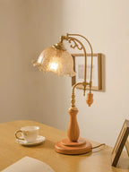 Lampe de bureau rétro col de cygne doré, pied en bois et verre E27