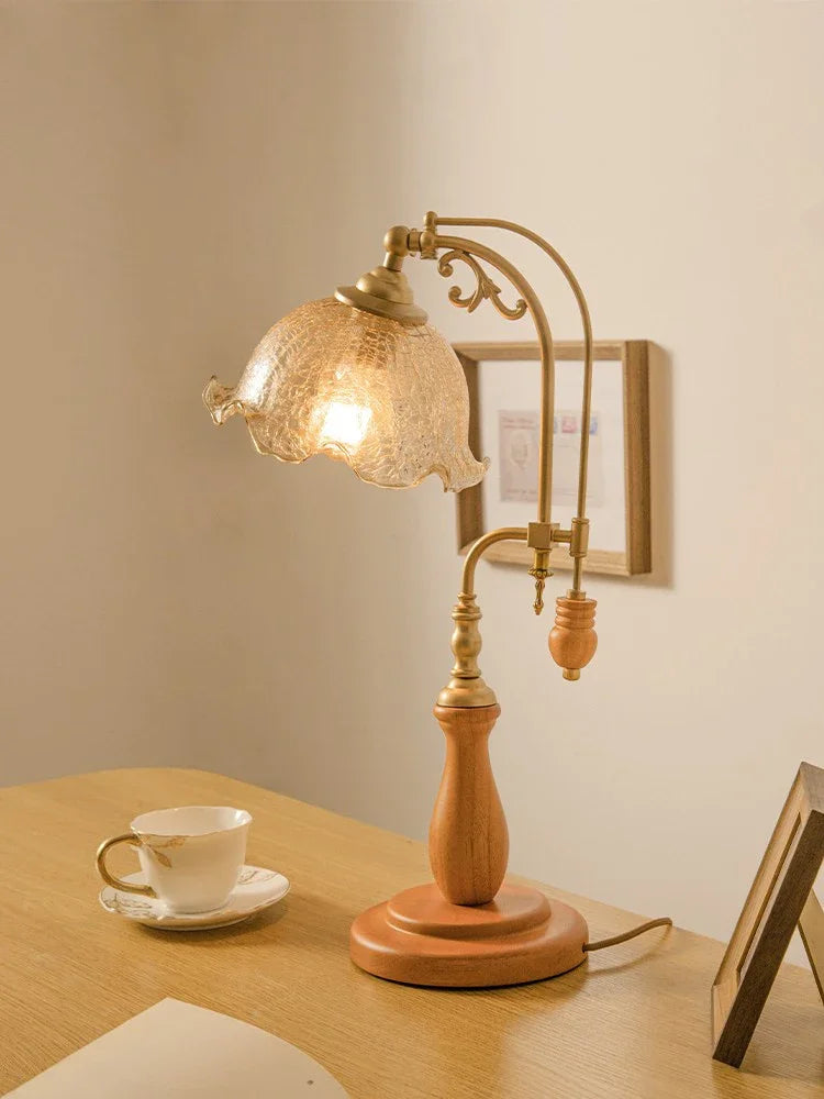 Lampe de bureau rétro col de cygne doré, pied en bois et verre E27