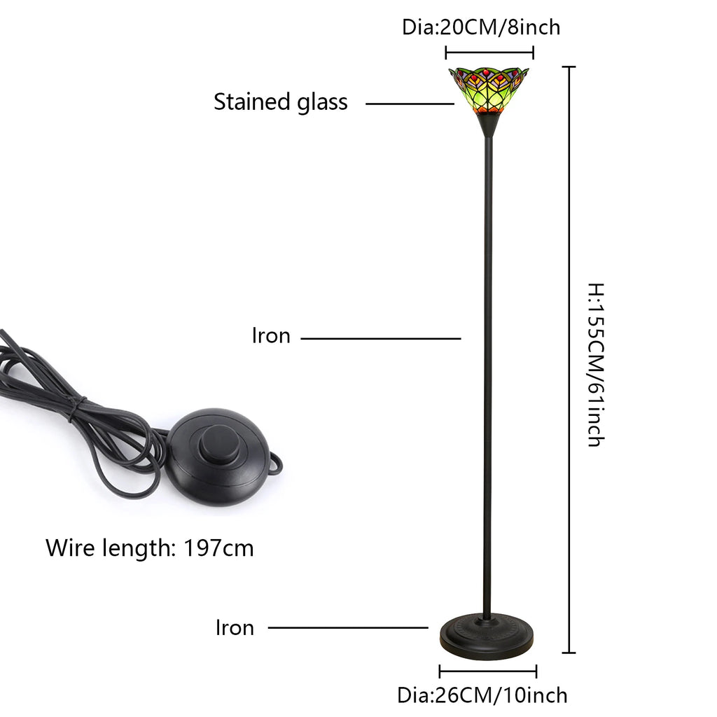 Lampadaire torchère en vitrail, vasque Ø 20 cm et pied noir 155 cm