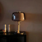 Lampe à poser double verre fumé et opalin sur tige bois, 50 cm