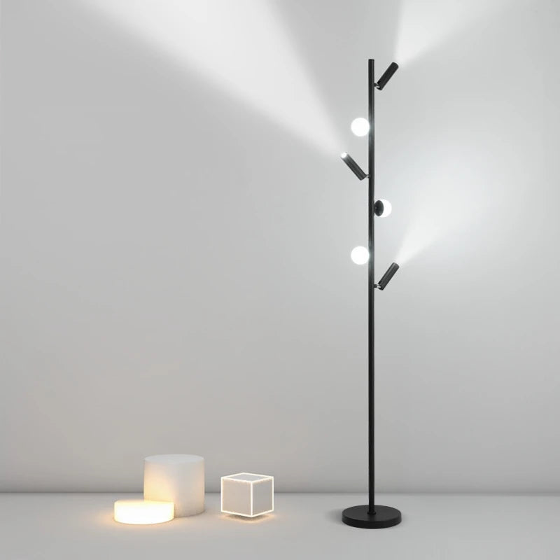 Lampadaire noir à trois boules et trois spots orientables, 158 cm