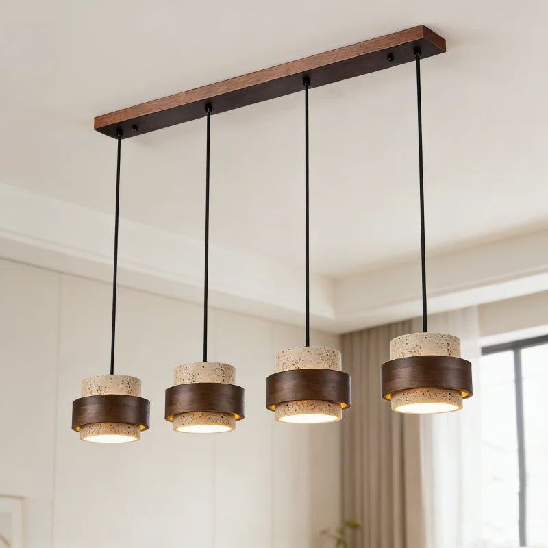 Lustre en pierre façon travertin et bois foncé