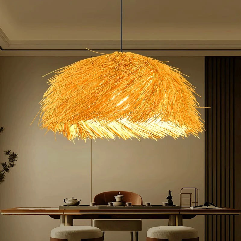 Lustre dôme en paille ébouriffée Ø 50 cm, blanc chaud ou froid