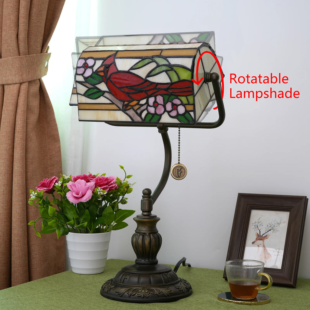 Lampe de banquier vintage en vitrail, abat-jour basculant à tirette