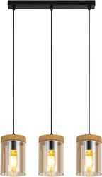 Suspension en verre ambré et coiffe effet bois, 1 ou 3 lumières