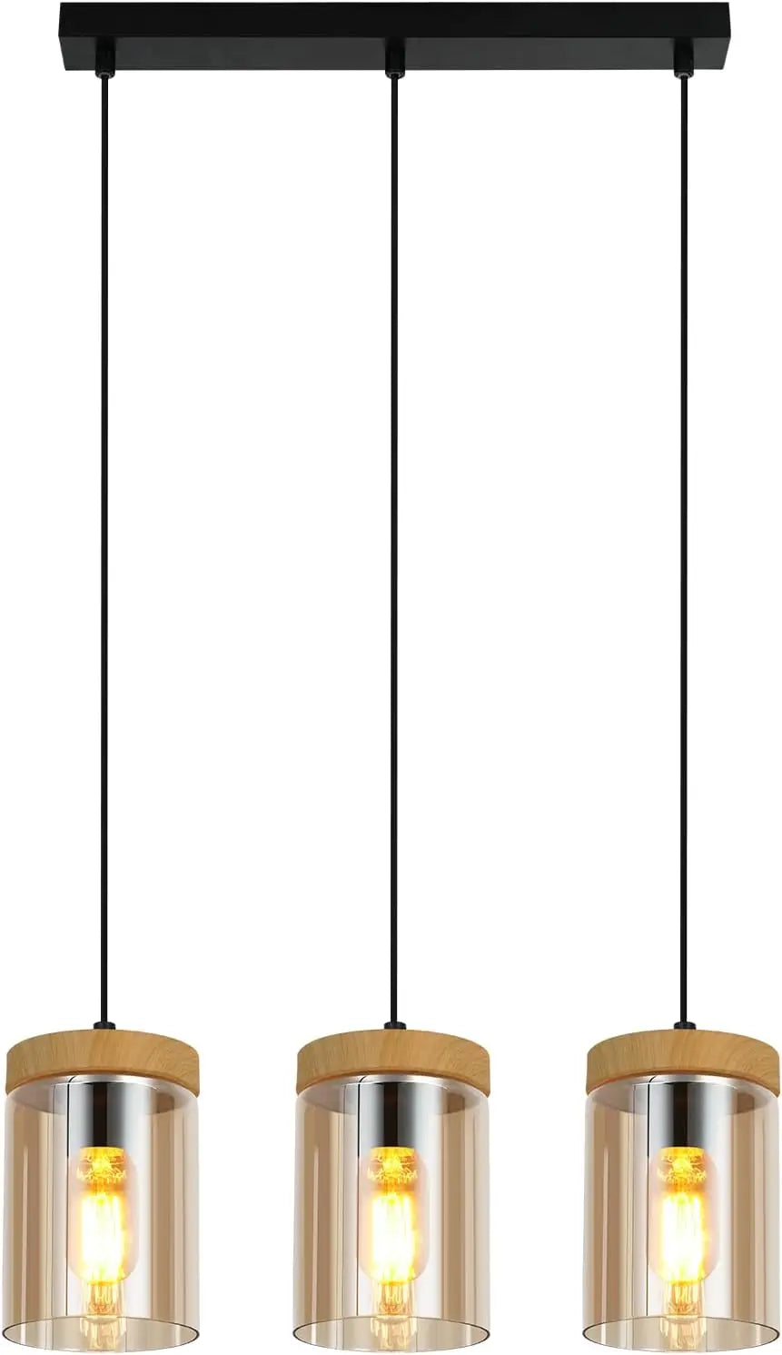 Suspension en verre ambré et coiffe effet bois, 1 ou 3 lumières