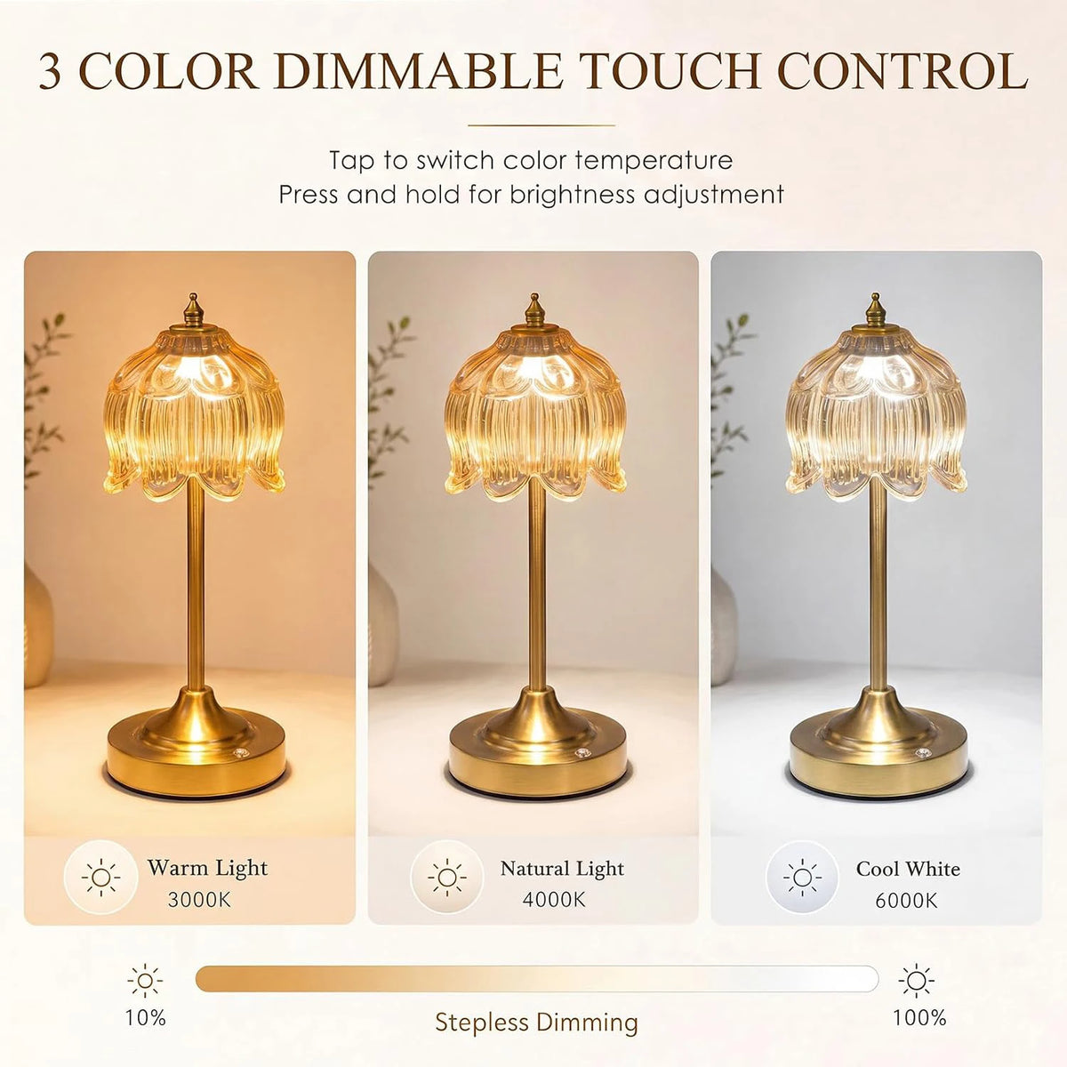 Lampe de table sans fil en verre ambré, tulipe ou lotus, pied doré