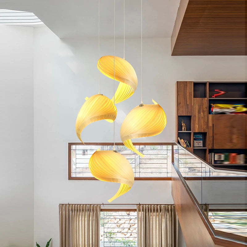 Lustre en bois cintré à spirales façon coquillage, 1 à 8 lumières
