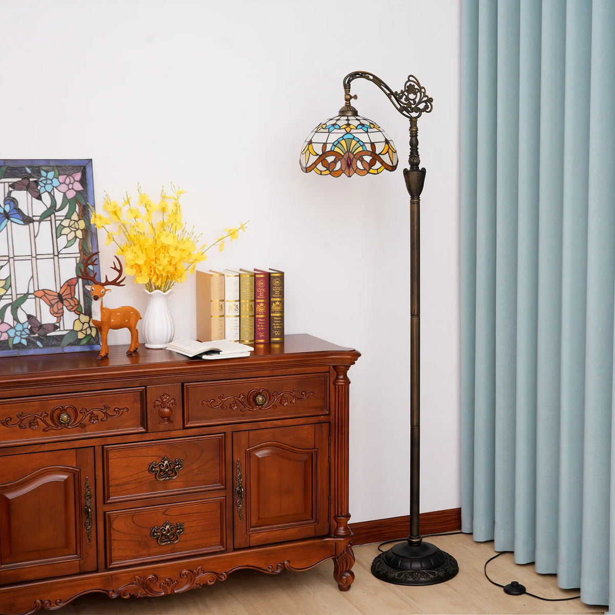 Lampadaire Tiffany en vitrail, tête pivotante façon pêcheur, 160 cm