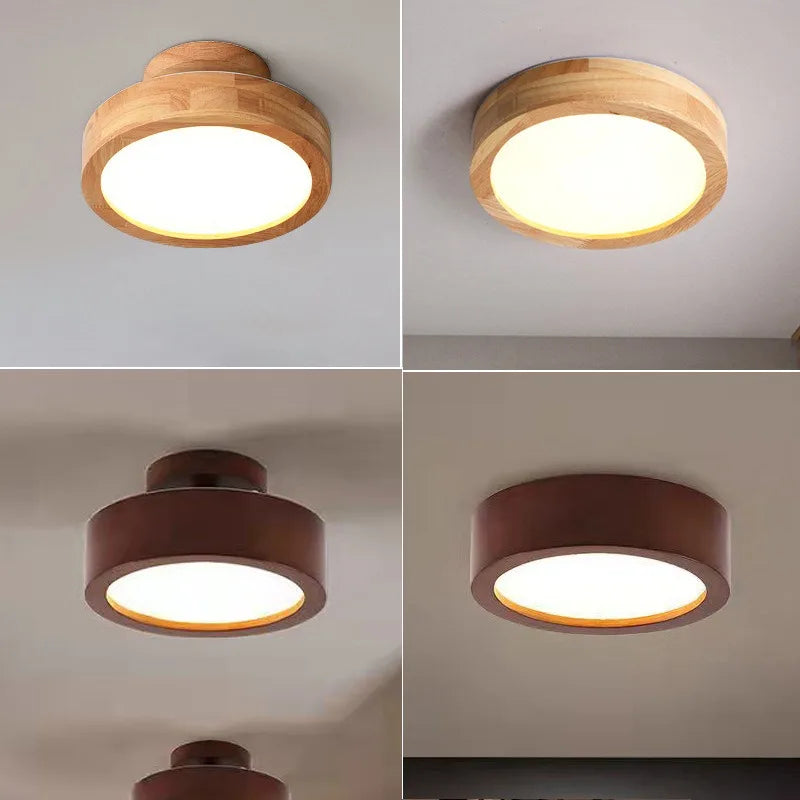 Plafonnier rond en bois 23 cm, plat ou sur tige, noyer ou bois clair