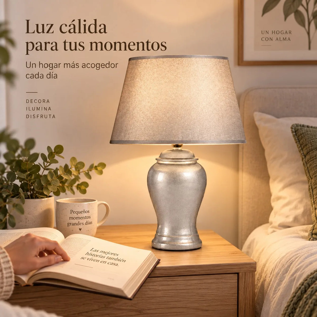 Lampe de chevet en céramique argentée, abat-jour en tissu, 39 cm