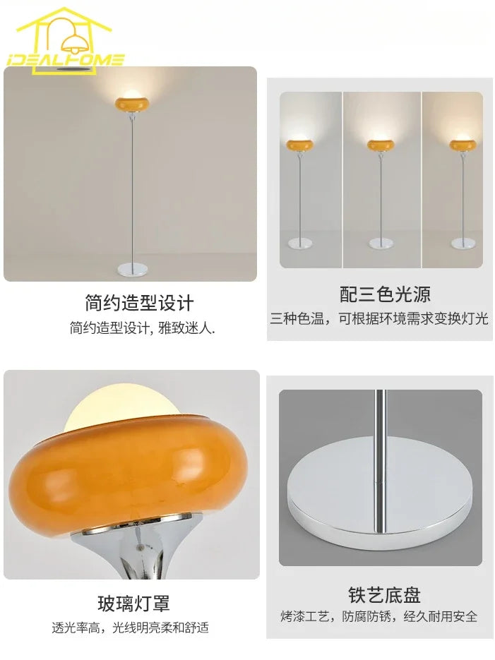 Lampadaire rétro à coupe de verre orange et globe opalin, chromé