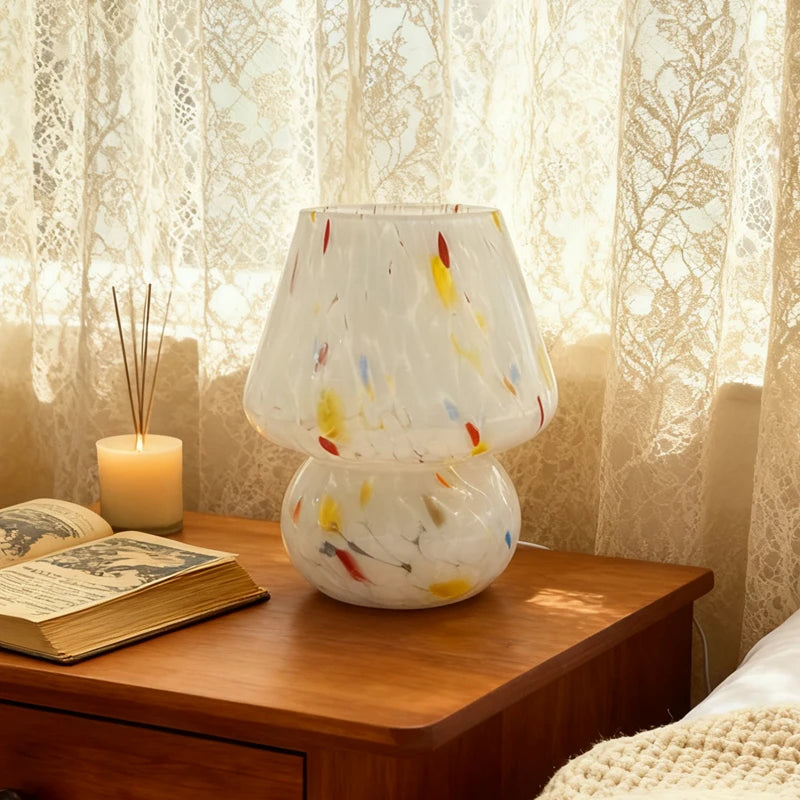 Lampe champignon en verre moucheté, USB, trois teintes, 18 cm