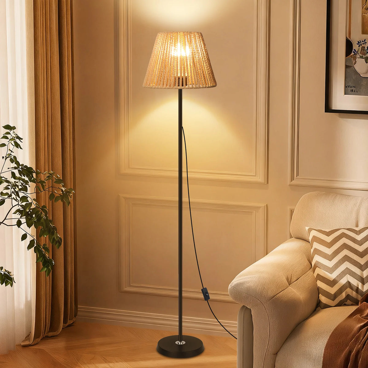 Lampadaire en rotin tressé à l'unité ou par deux, pied fin 140 cm