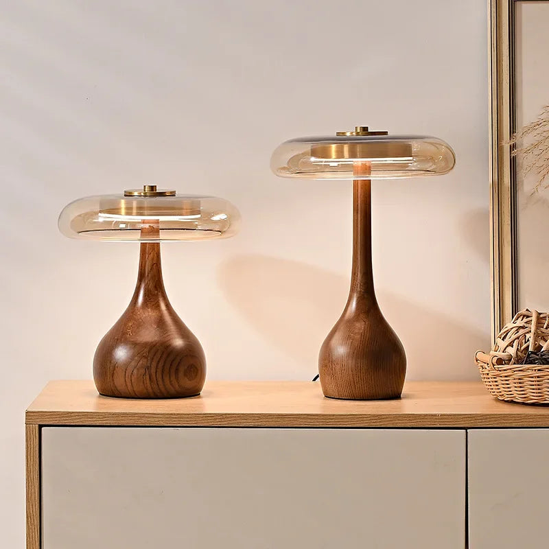 Lampe champignon en bois et verre ambré, LED trois teintes