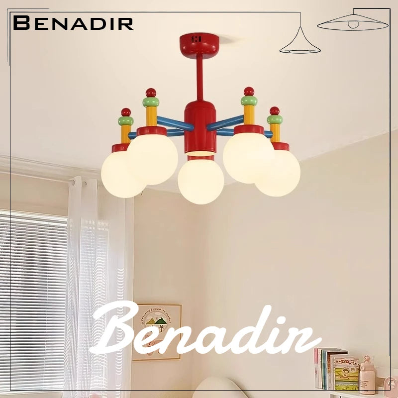 Lustre chambre d'enfant style Memphis, bras colorés et globes en verre