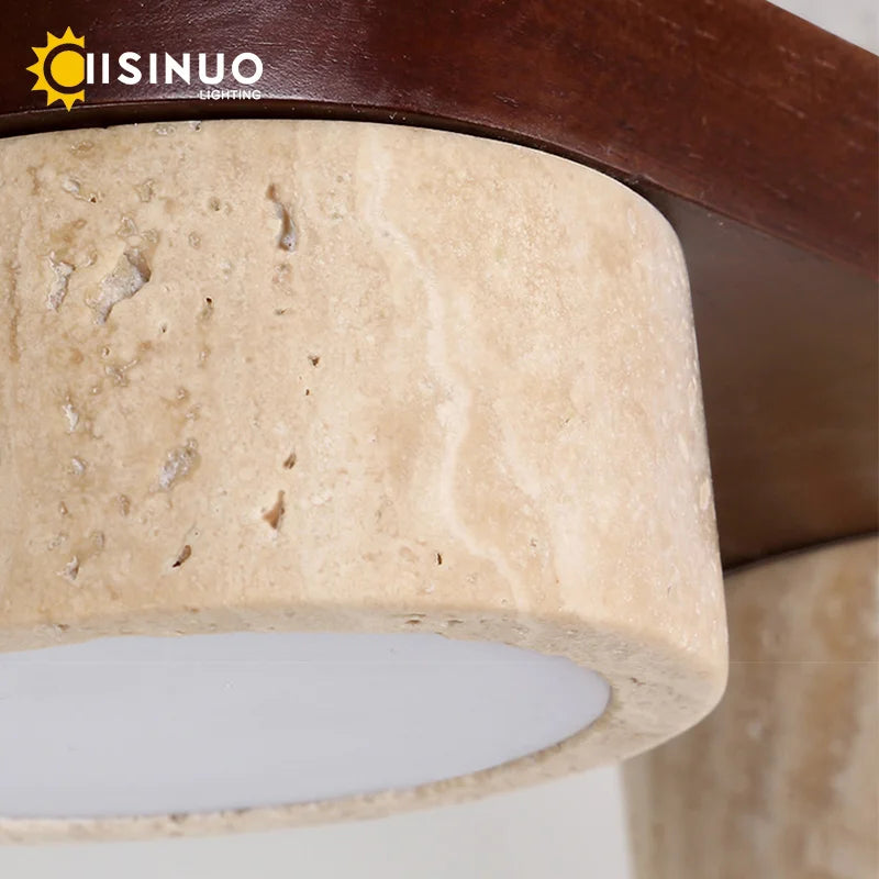Plafonnier rampe de spots en travertin sur bois, 2 à 4 spots, LED