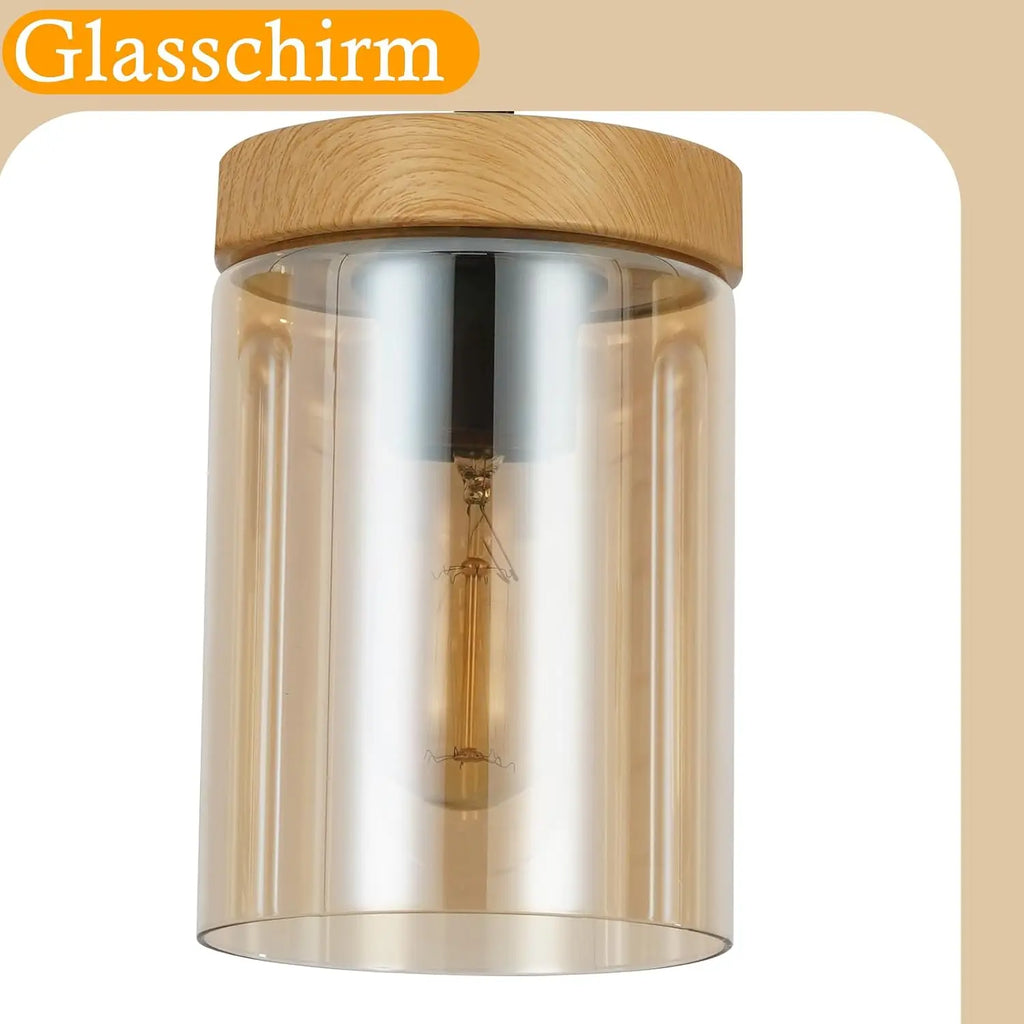 Suspension en verre ambré et coiffe effet bois, 1 ou 3 lumières