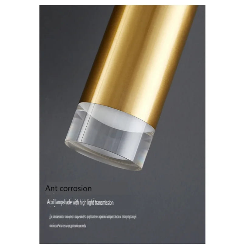 Suspension tube doré à embout acrylique, 1, 2 ou 3 lumières LED