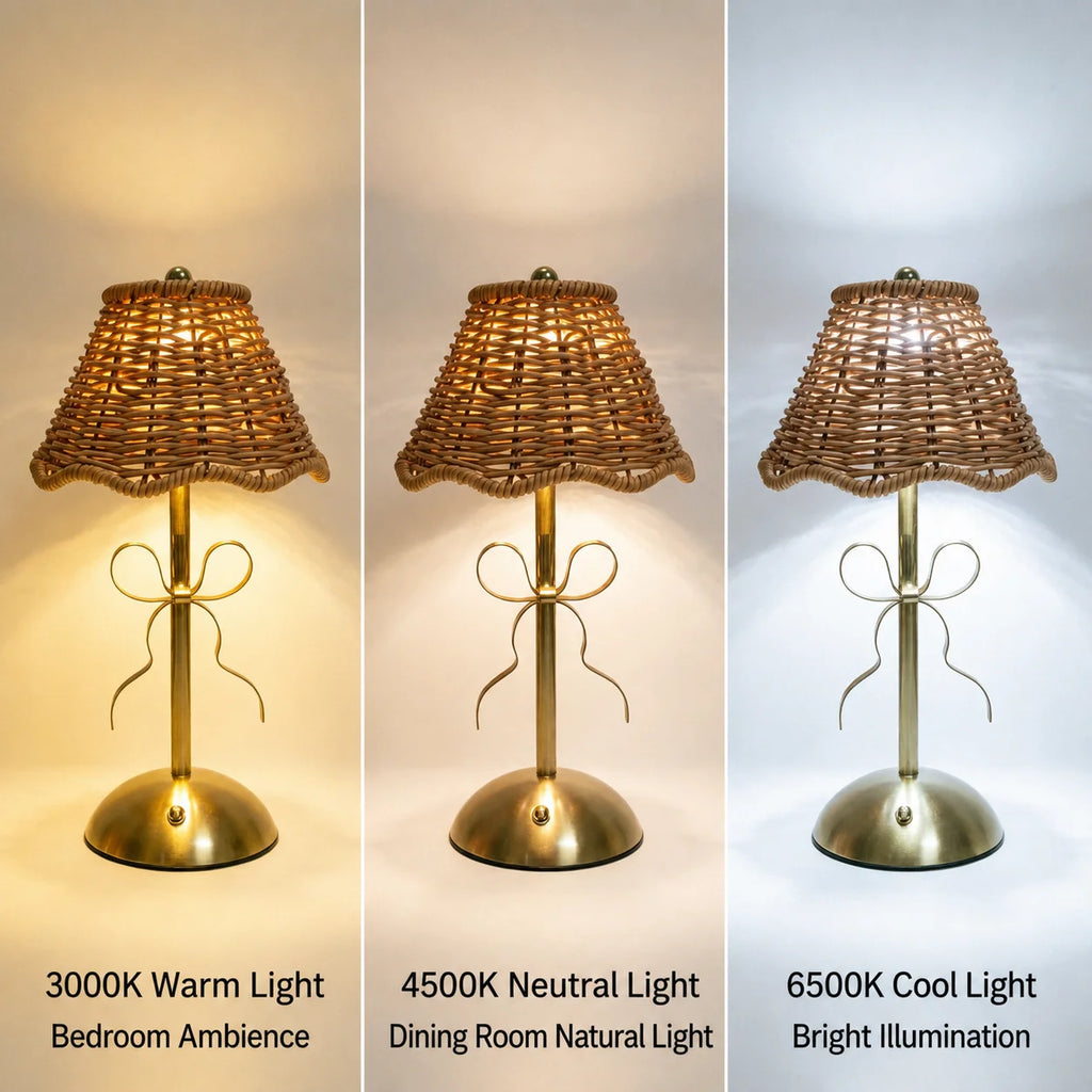 Lampe de chevet sans fil en rotin, nœud doré et abat-jour festonné