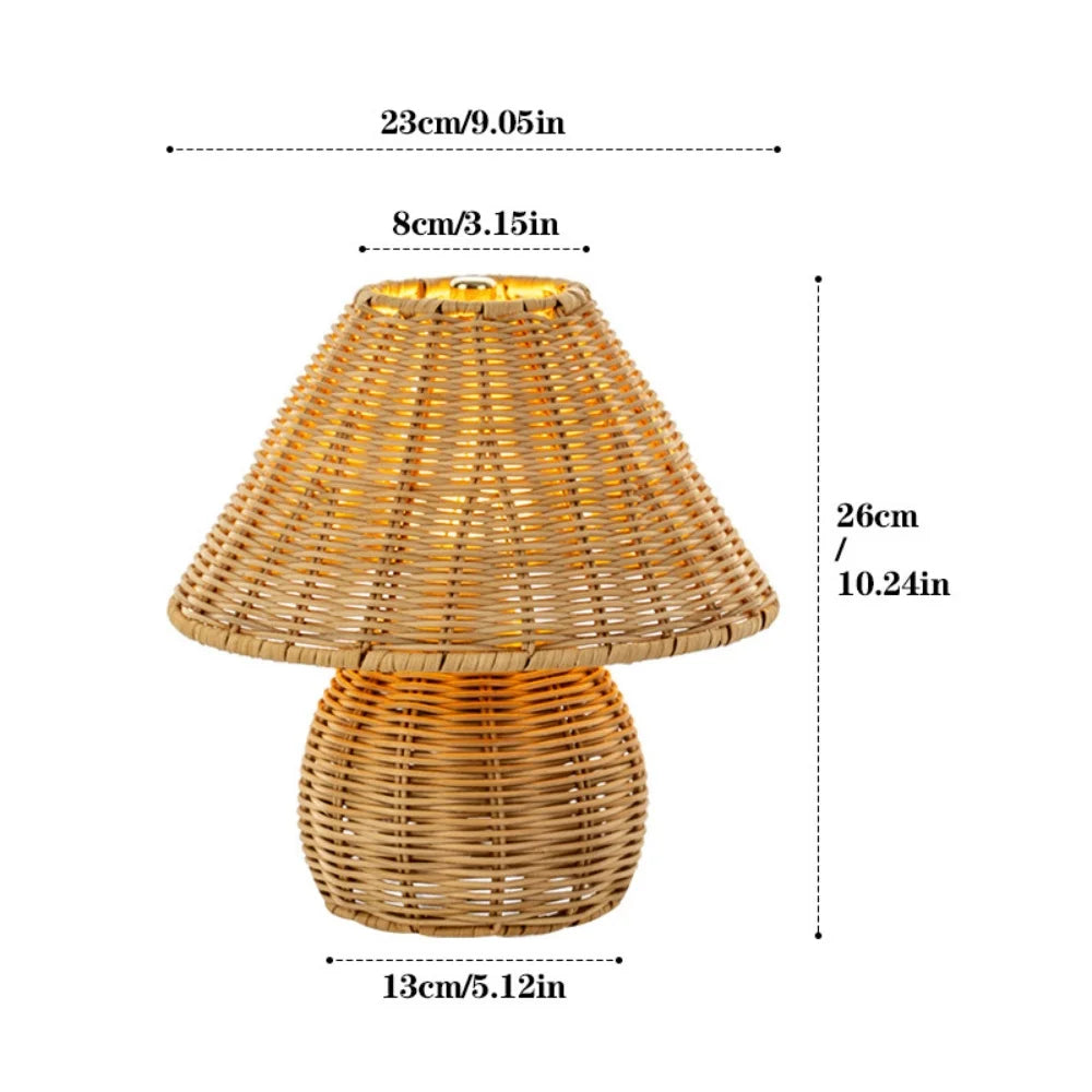 Lampe de chevet champignon en rotin tressé, abat-jour de 23 cm