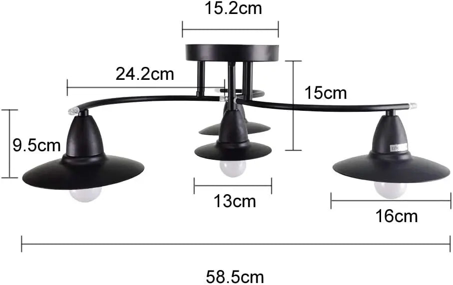 Plafonnier noir 4 lumières à bras courbes et abat-jour chapeau