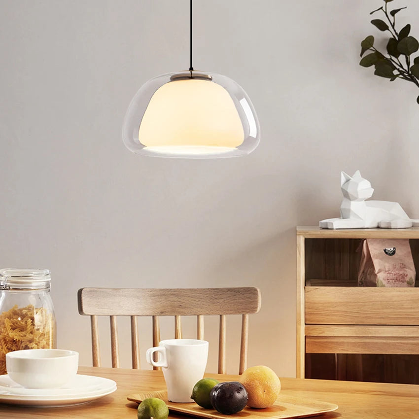 Suspension double verre opalin et cloche teintée, Ø 25 ou 40 cm