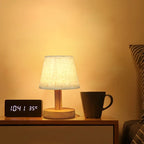 Lampe de chevet mini, abat-jour effet lin et pied en bois, 20 cm