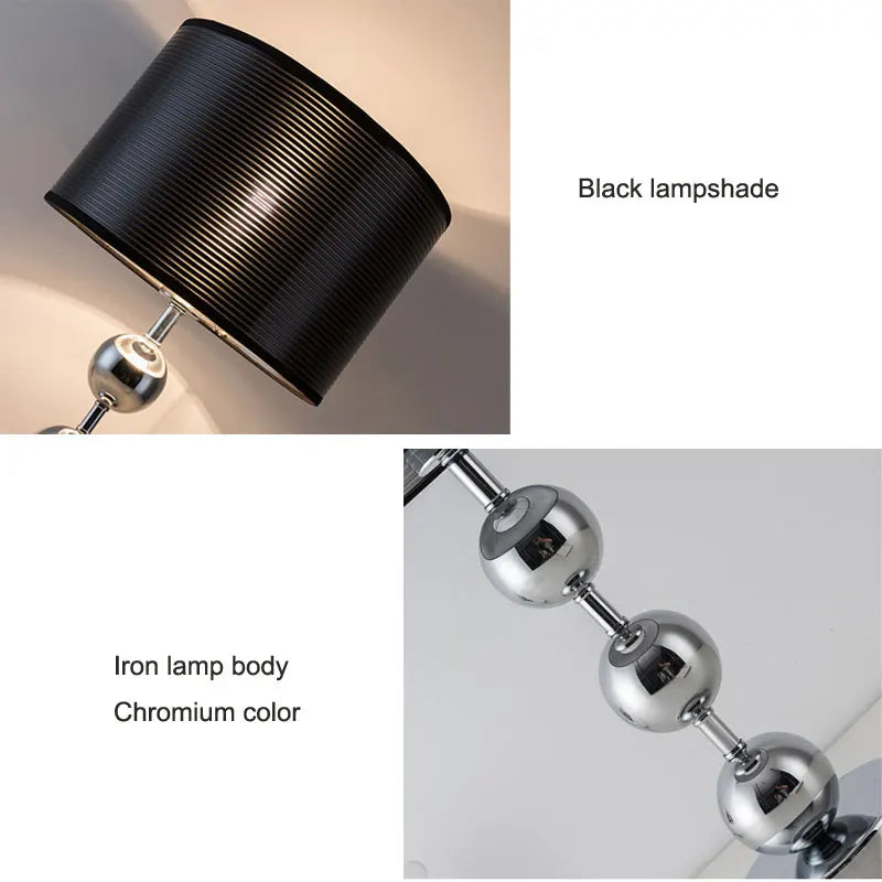 Grande lampe à poser chromée à trois boules, abat-jour noir rayé