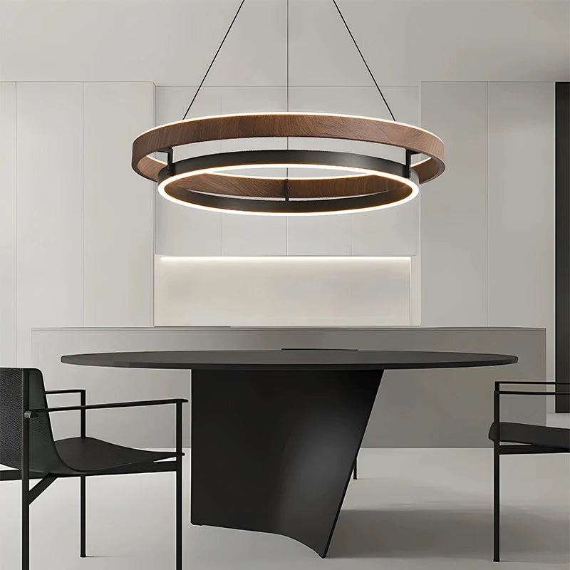 Suspension double anneau LED effet noyer, Ø 60 ou 80 cm