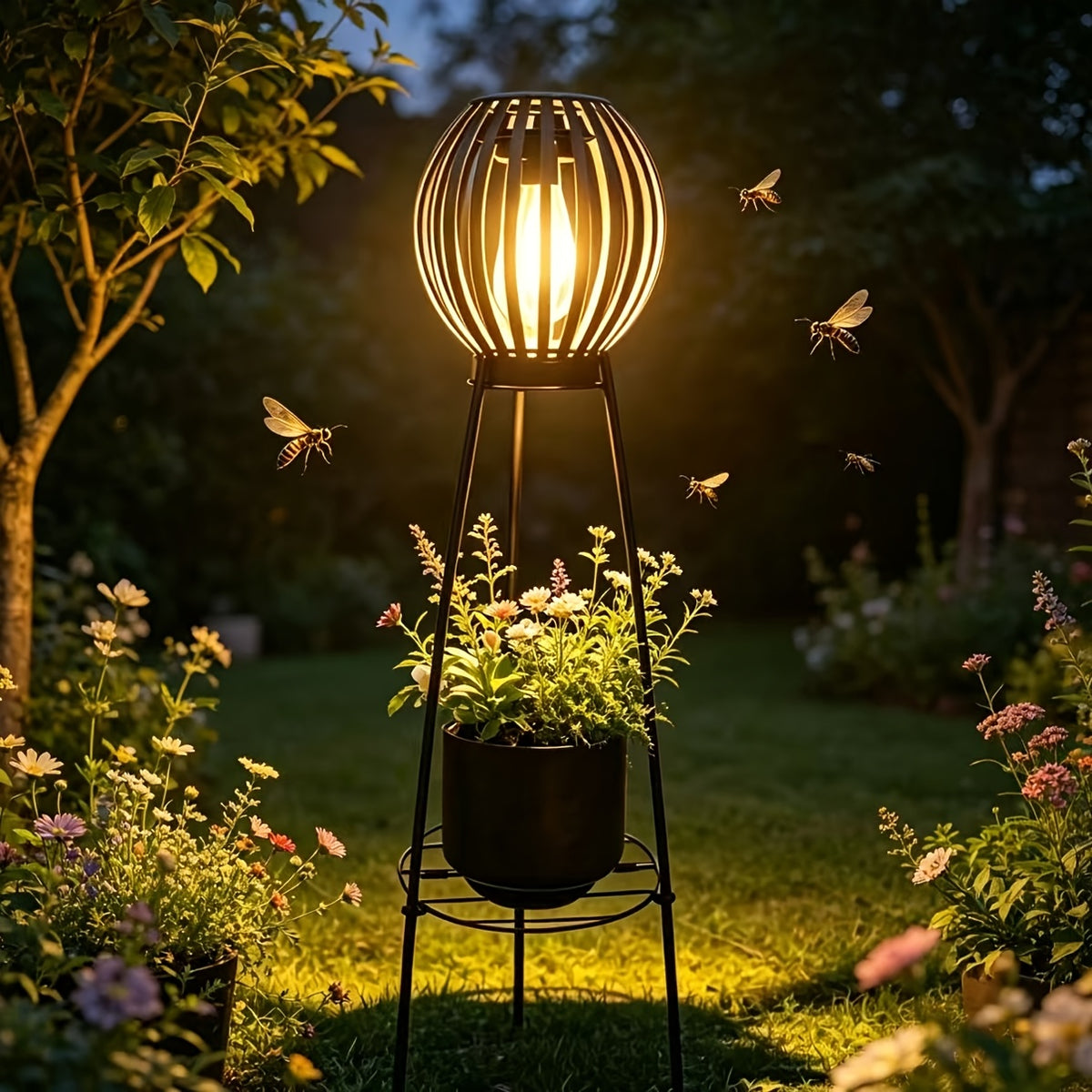 Lampadaire solaire rétro à boule ajourée sur trépied porte-fleurs