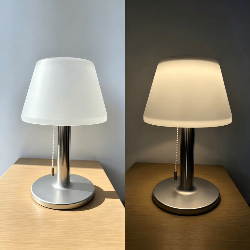 Lampe de table solaire abat-jour blanc et pied argenté, IP44