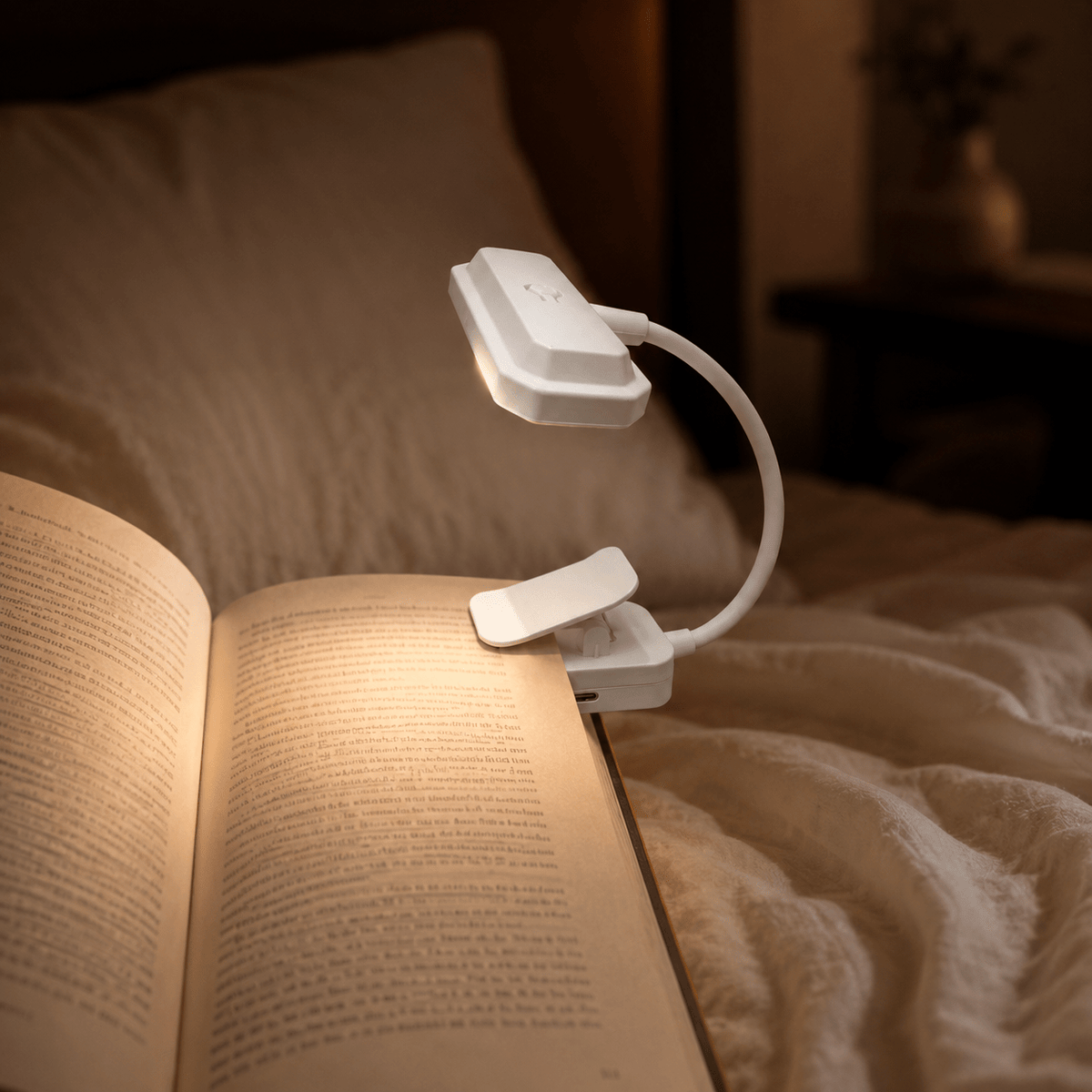 Lampe de lecture à pince blanche, col flexible 14 cm, USB-C
