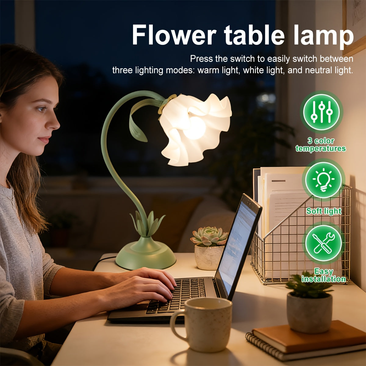 Lampe fleur à col flexible, corolle acrylique, vert ou rose, USB