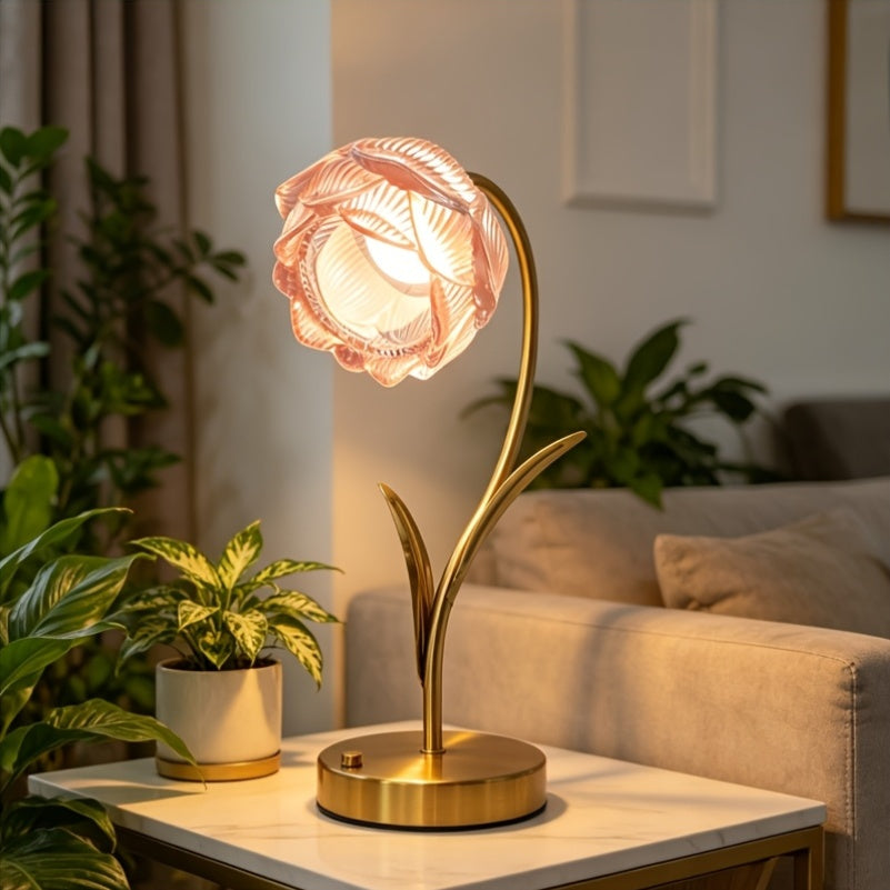 Lampe de chevet fleur en verre sur tige dorée, sans fil et tactile