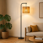 Lampadaire en papier tressé, abat-jour cylindre sur crosse noire