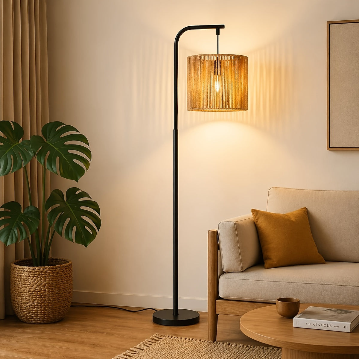 Lampadaire en papier tressé, abat-jour cylindre sur crosse noire