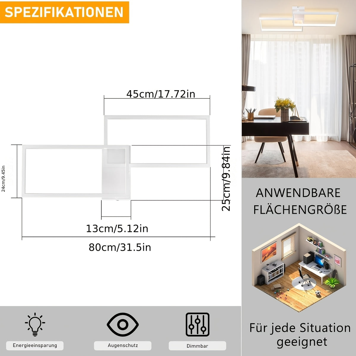 Plafonnier LED rectangulaire double cadre, 60 ou 80 cm, noir ou blanc