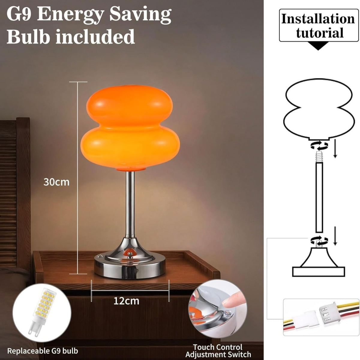 Lampe champignon rétro en verre bulle et pied chromé, sans fil