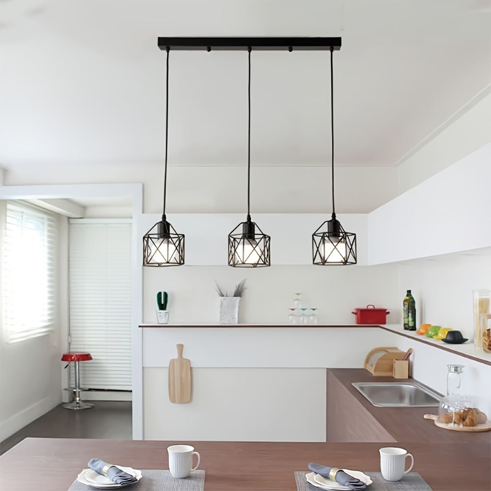 Suspension 3 cages noires sur barre de 50 cm, style industriel