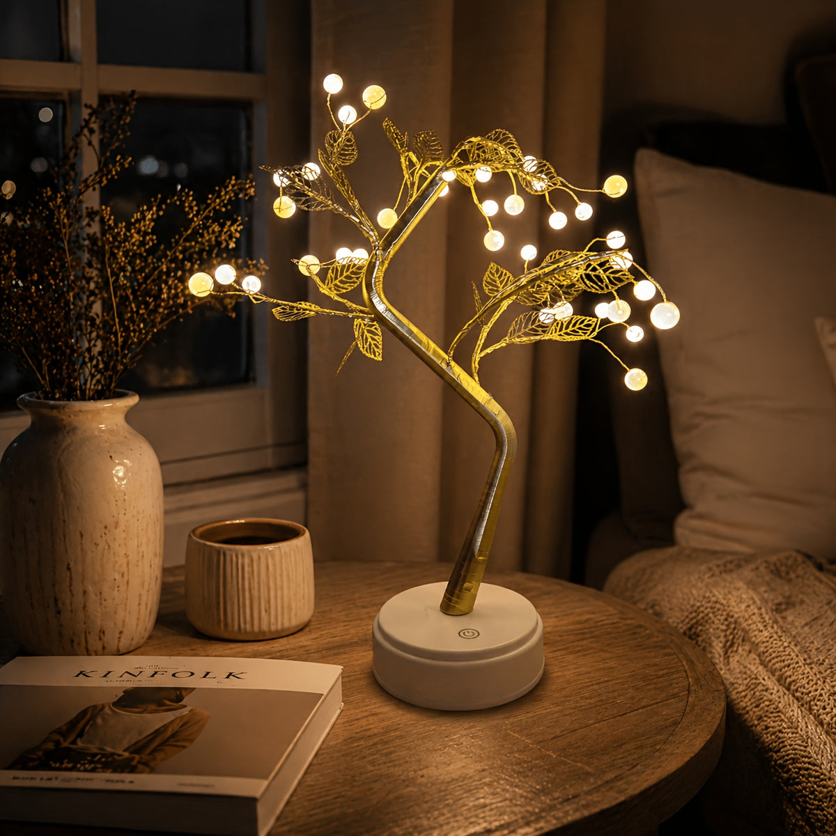 Lampe arbre lumineux à poser, branches dorées et perles LED, 50 cm