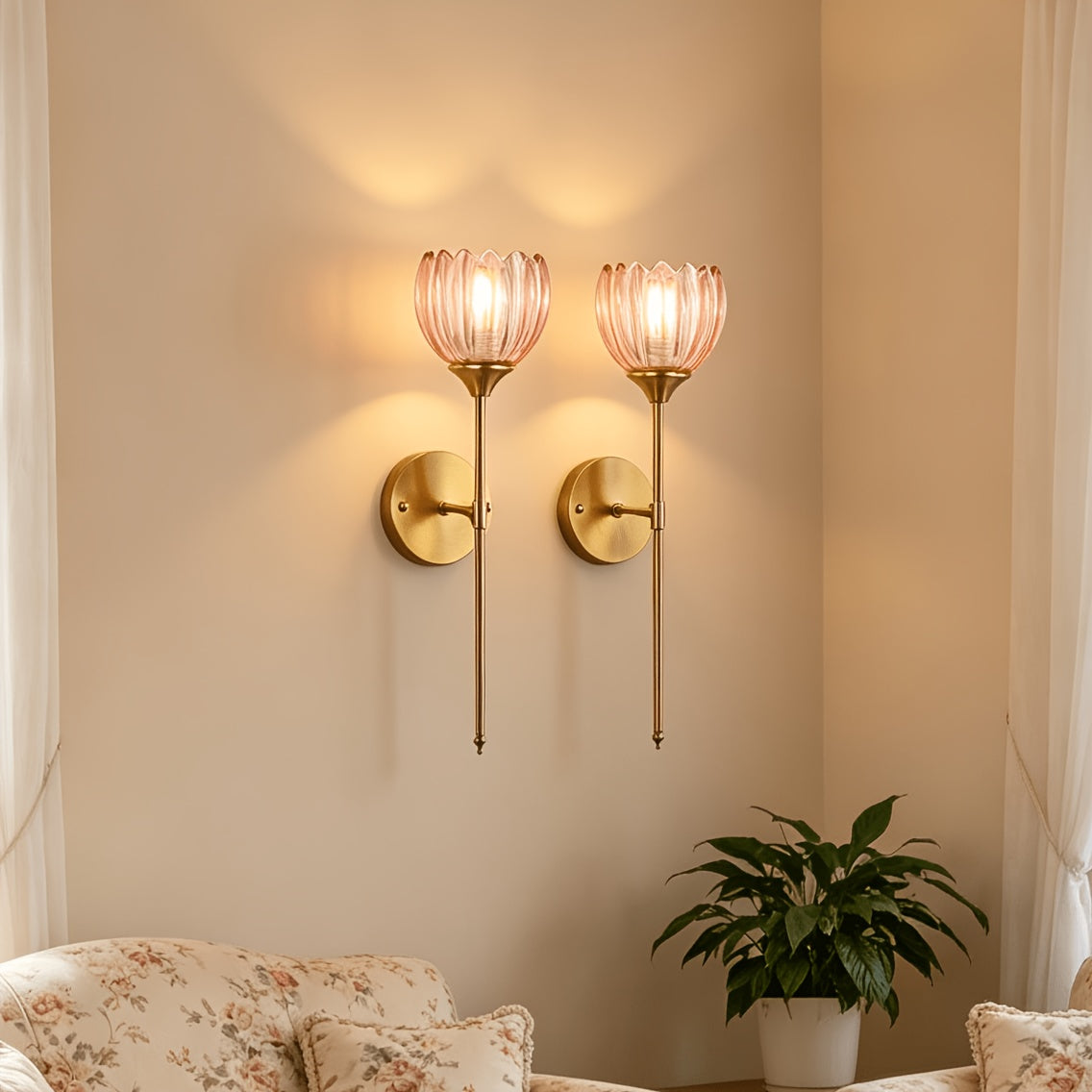 Lot de 2 appliques tulipe en verre sur tige élancée de 52 cm