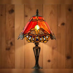 Lampe de table Tiffany en vitrail à éventails, pied ajouré, 42 cm