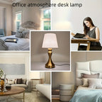 Lampe de chevet dorée, abat-jour conique aspect lin, câble USB