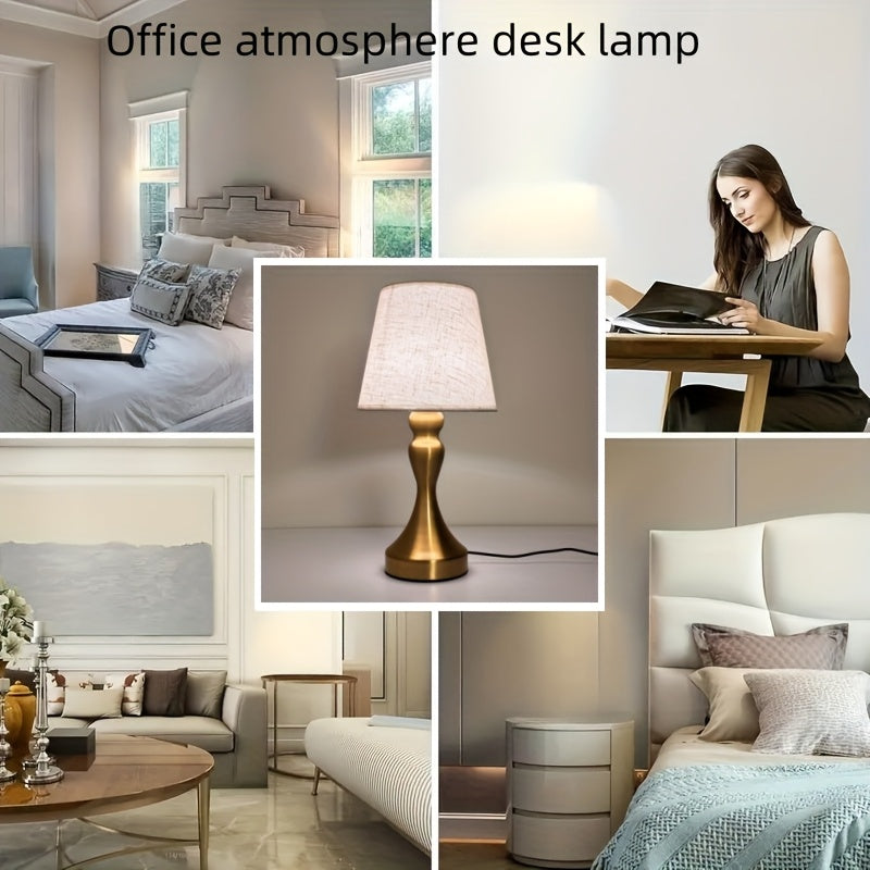 Lampe de chevet dorée, abat-jour conique aspect lin, câble USB