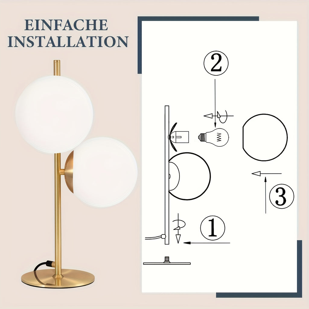 Lampe de chevet à deux globes en verre opalin, pied doré ou noir
