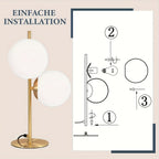 Lampe de chevet à deux globes en verre opalin, pied doré ou noir