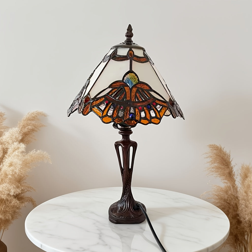 Lampe de table Tiffany en vitrail à éventails, pied ajouré, 42 cm