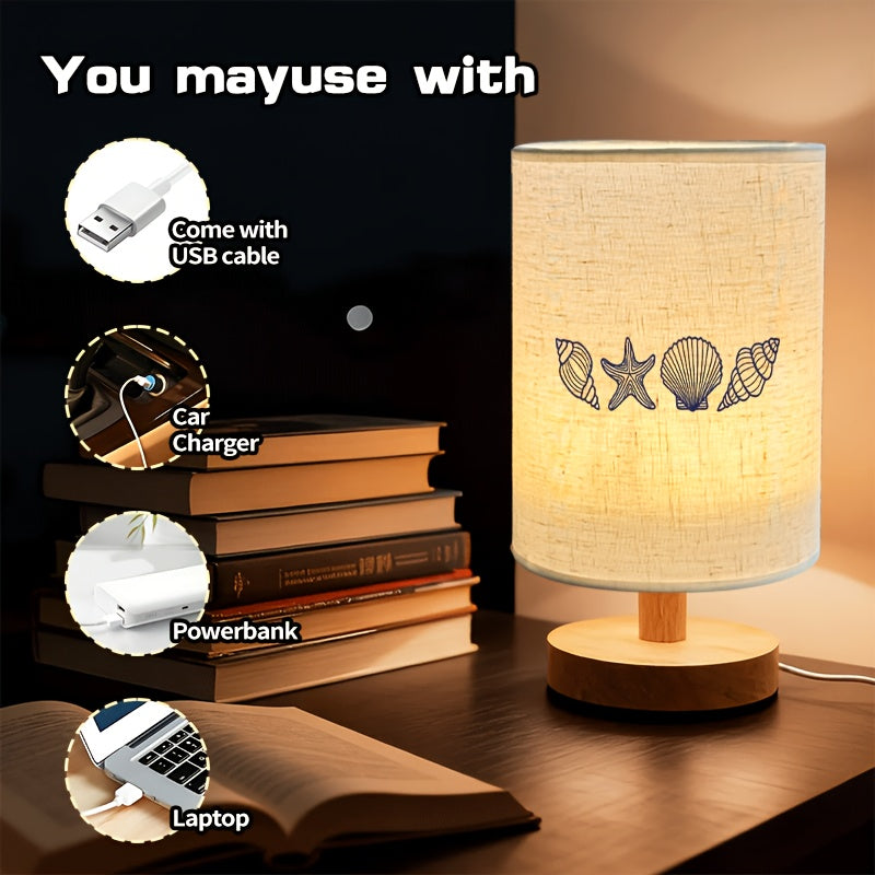 Lampe de chevet en bois, abat-jour imprimé de coquillages marins