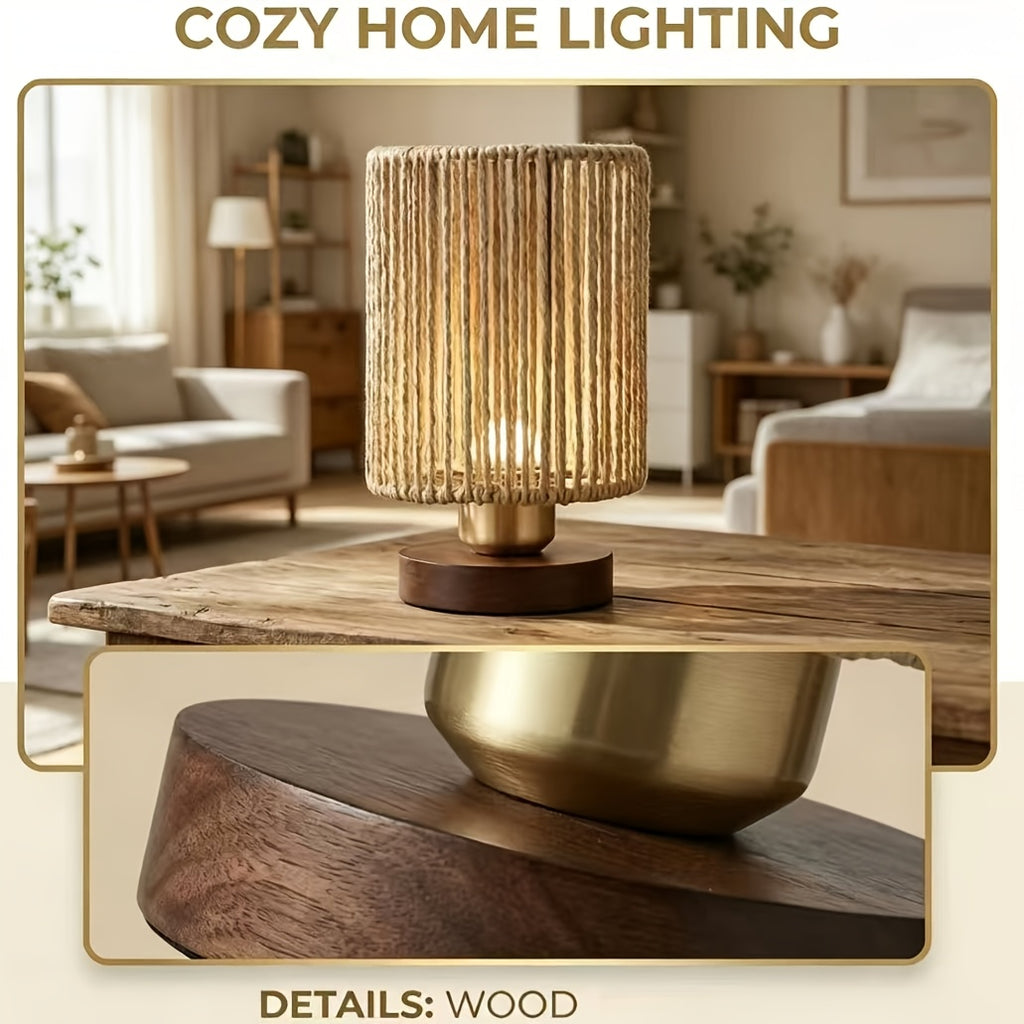 Lampe de chevet cylindre de corde, variateur USB et socle teinte noyer